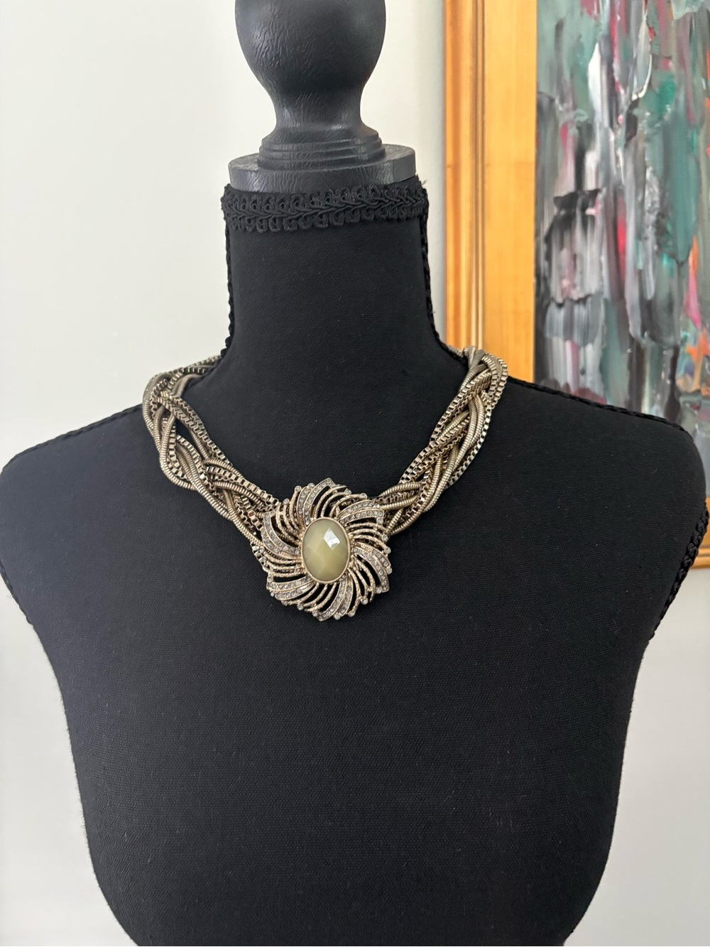Gold-Tone Braided Statement Necklace with Pale Yellow Center Stone